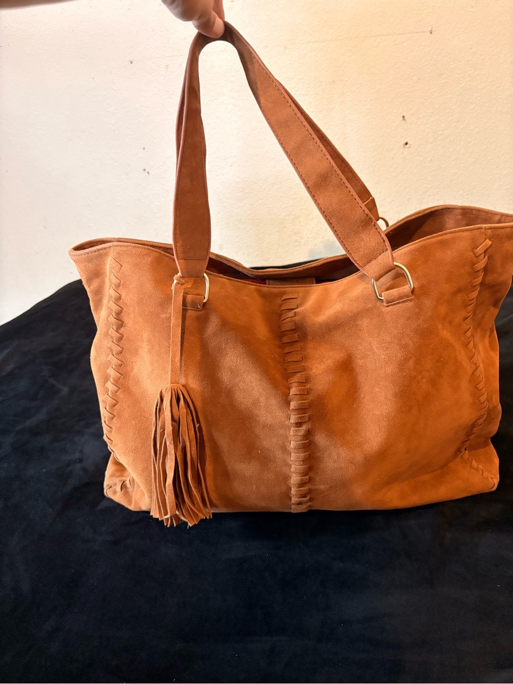 Suede Tassel Tote Bag in Cognac Brown
